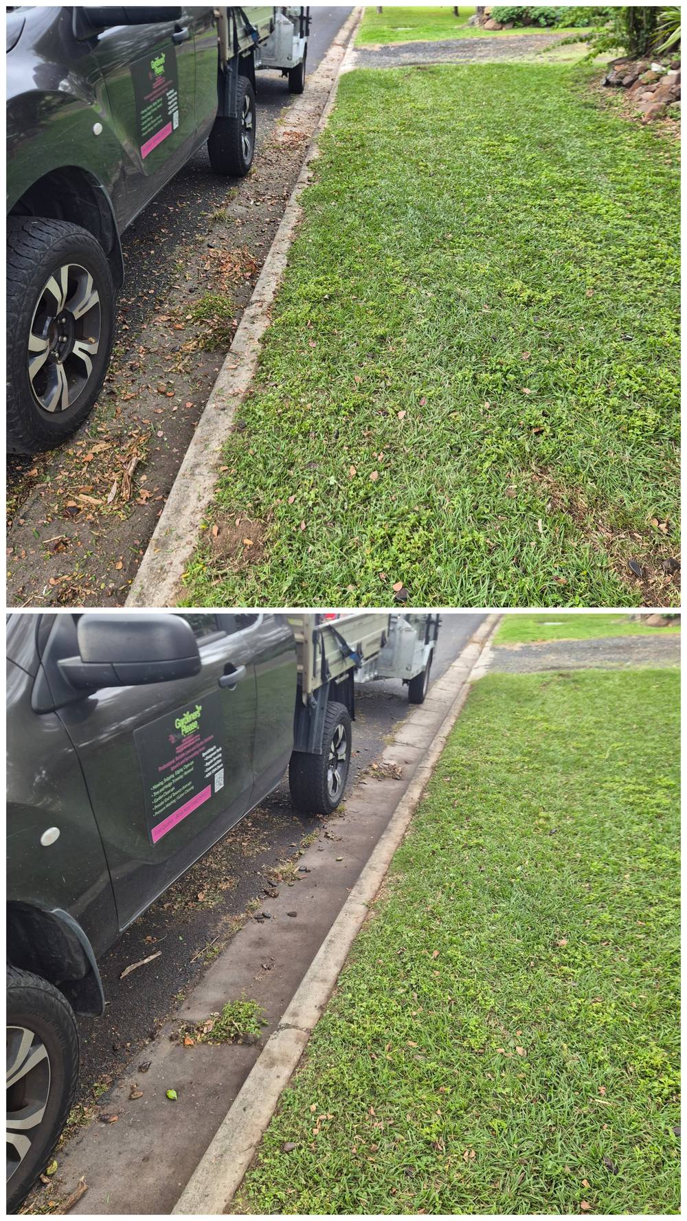 Before and after clearing an overgrown garden bed against a retaining wall